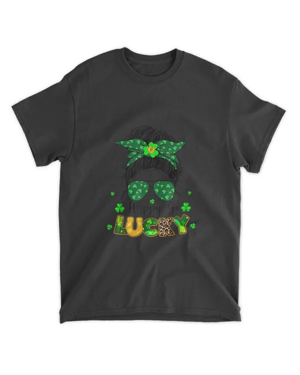 Women Happy Go Lucky Messy Bun Shamrock St Patrick's Day T-Shirt