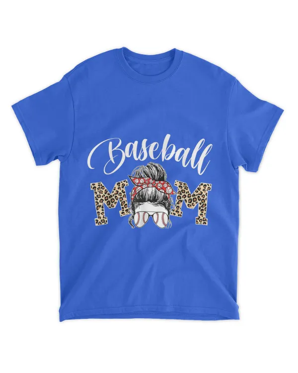 Baseball Mama Leopard Funny Mom Messy Hair Bun Mother's Day T-Shirt