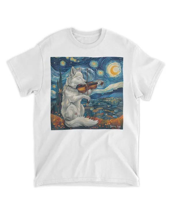 Funny Wolf Starry Night Van Gogh Sky Painting T-Shirt wlv