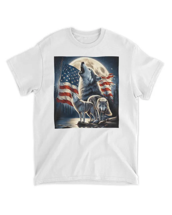 Wolf 4th of July American Flag Howling Wolves Under Moon T-Shirt wlv