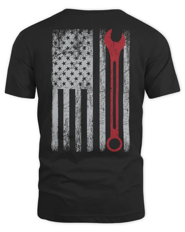 Auto Repairman Car Mechanic Wrench Workshop Tools USA Flag Backside Shirt