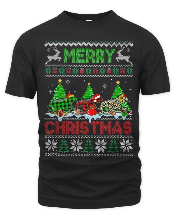 Funny Iguana Green Red Plaid Leopard Merry Christmas