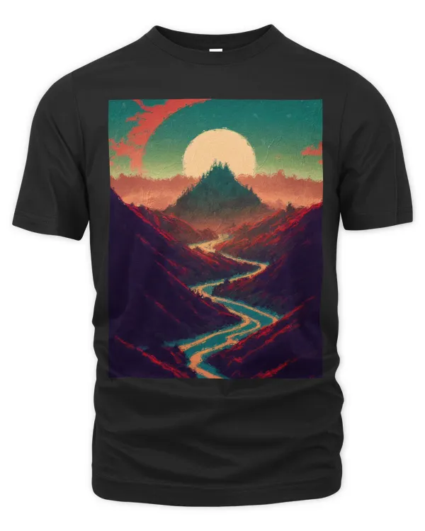 Sun Setting Over Red Mountaintops River Valley Abstract Art