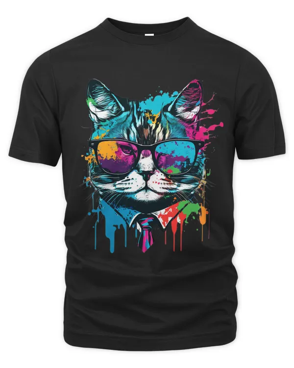 colorful techno cat with glasses and suit