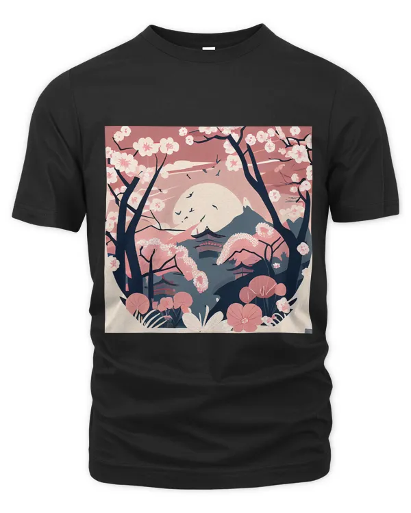 Cherry blossom japanese castles with sun and mountain