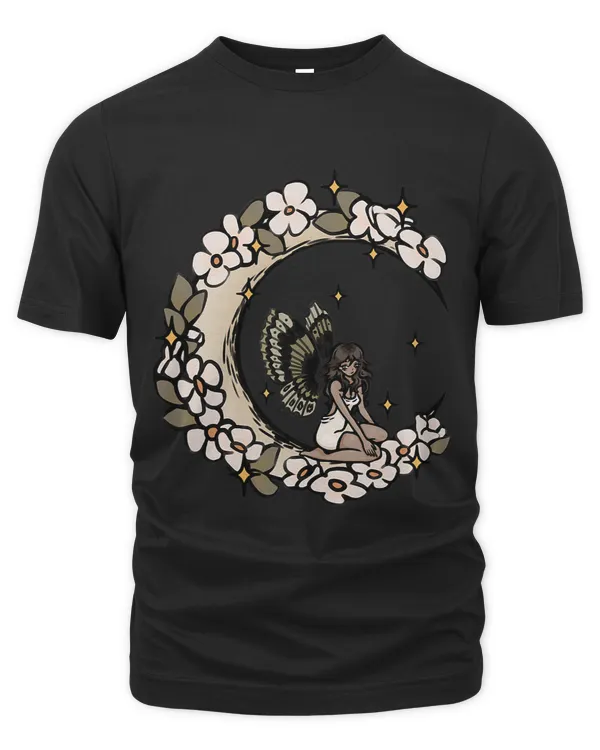 Coquette Fairy Kneeling in Crescent Moon with Flowers