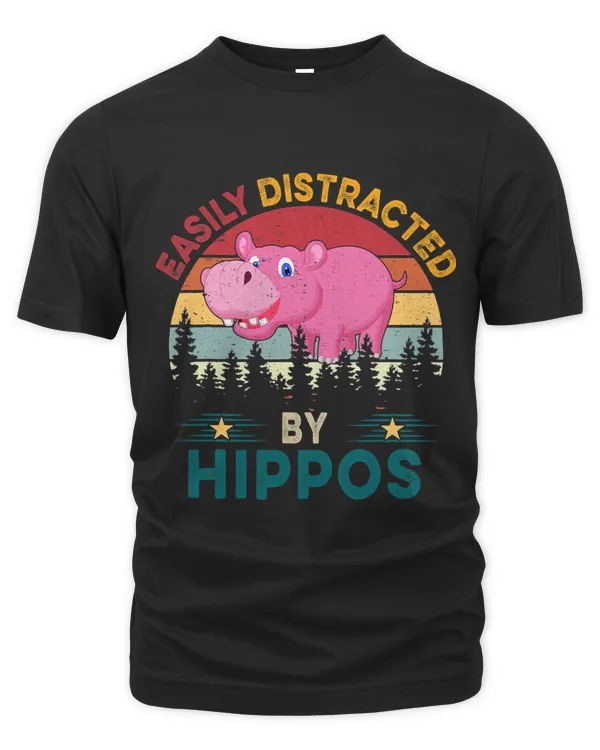 Vintage Retro Easily Distracted By Hippos Cute Hippo Sunset