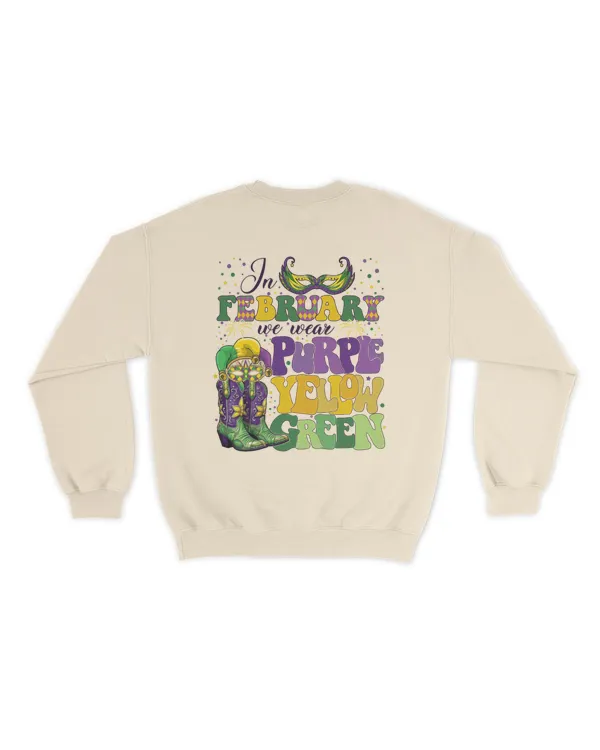 In february we wear purple yellow green shirt
