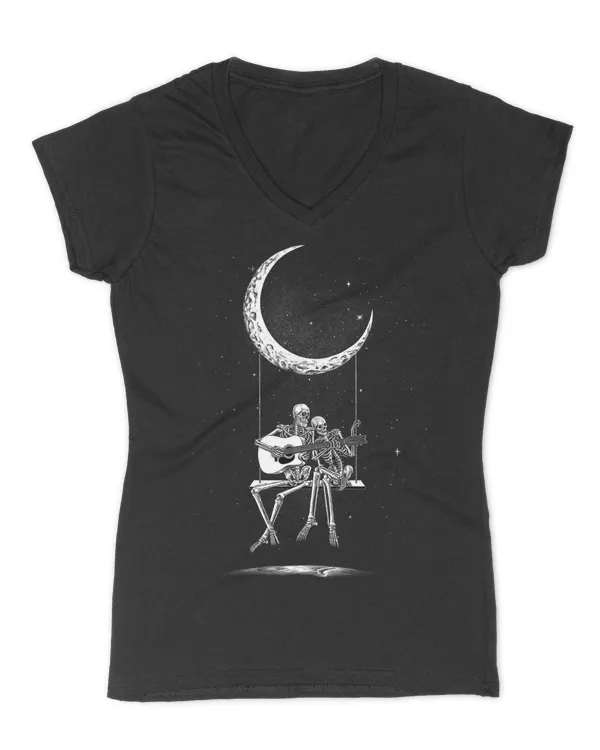 Skeleton Couple Moon Swing Playing Guitar Halloween Rock on T-Shirt - Women's V-Neck T-Shirt Women's V-Neck T-Shirt