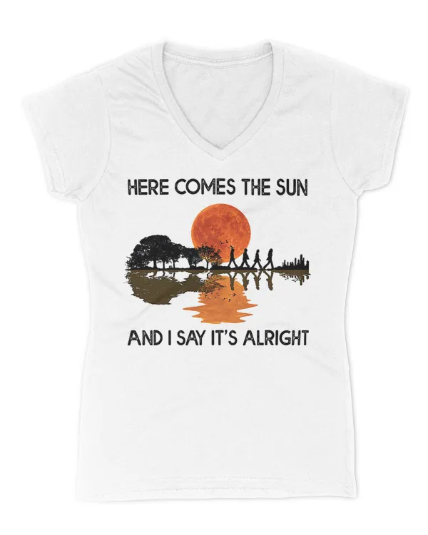 Here Comes The Sun And I Say It's Alright Guitar Graphic T-Shirt, White - Women's V-Neck T-Shirt Women's V-Neck T-Shirt