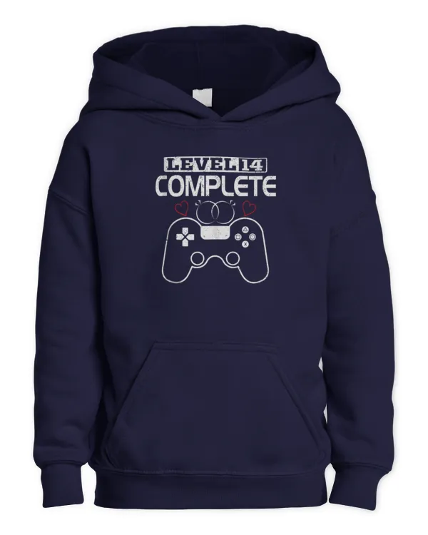 Level 14 Complete 14 Years Wedding Anniversary Video Gamer Tee - Kids Pullover Hoodie Kids Pullover Hoodie