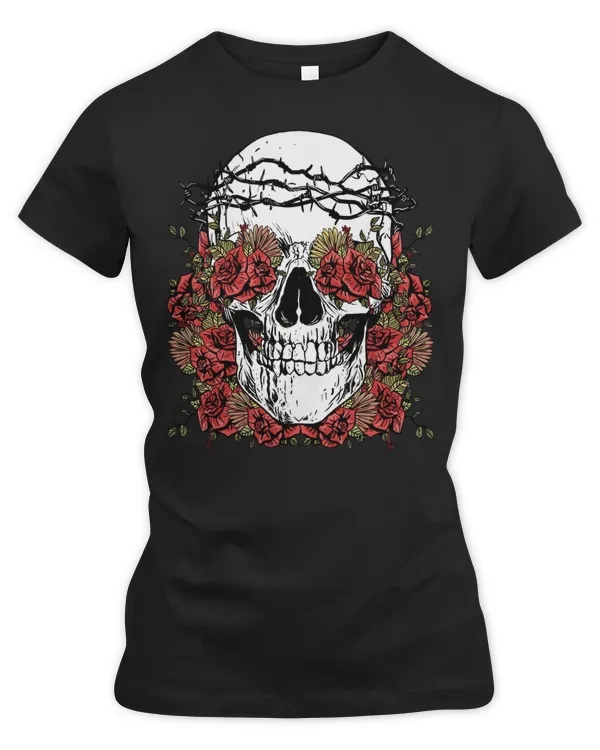 Skull Lover Skeleton WITH BARBWIRE CROWN ON A BED OF ROSES SKELETON rose Skulls