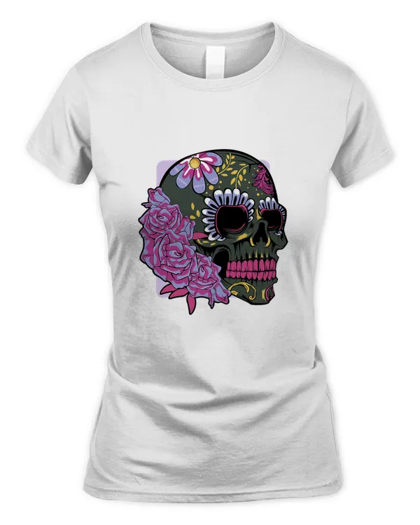 Floral Sugar Skull Dead Day Purple Flowers Gothic Skeleton T-Shirt
