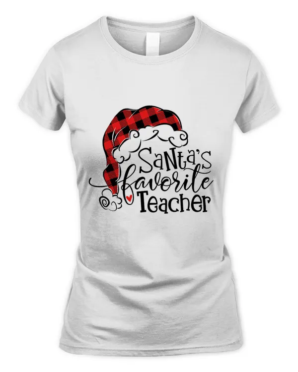 Teacher Christmas Buffalo Plaid Santa's Favorite Teacher T-Shirt