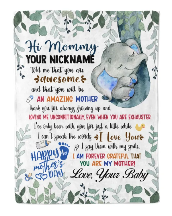 1st Mother's Day Gift, Gifts for New Mom, Personalized Hi MOMMY Cute Baby Girl Elephant ,  Gift  for Newmom,  Safari Baby Shower, Jungle Nursery Blanket