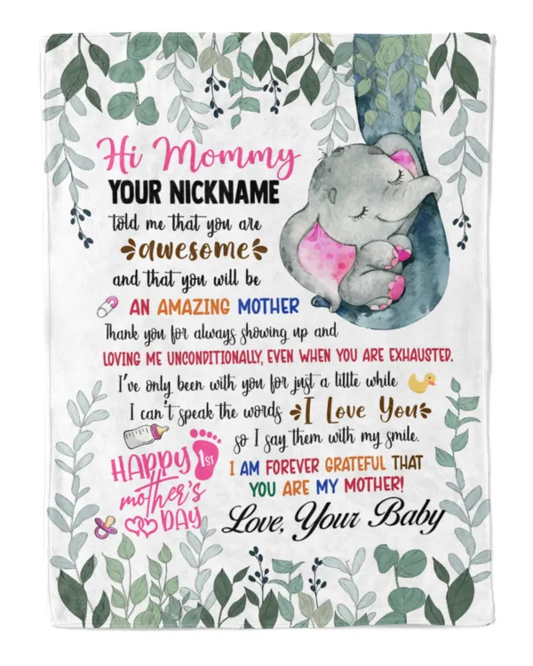 1st Mother's Day Gift, Gifts for New Mom, Personalized Hi MOMMY Cute Baby Girl Elephant ,  Gift  for Newmom,  Safari Baby Shower, Jungle Nursery Blanket