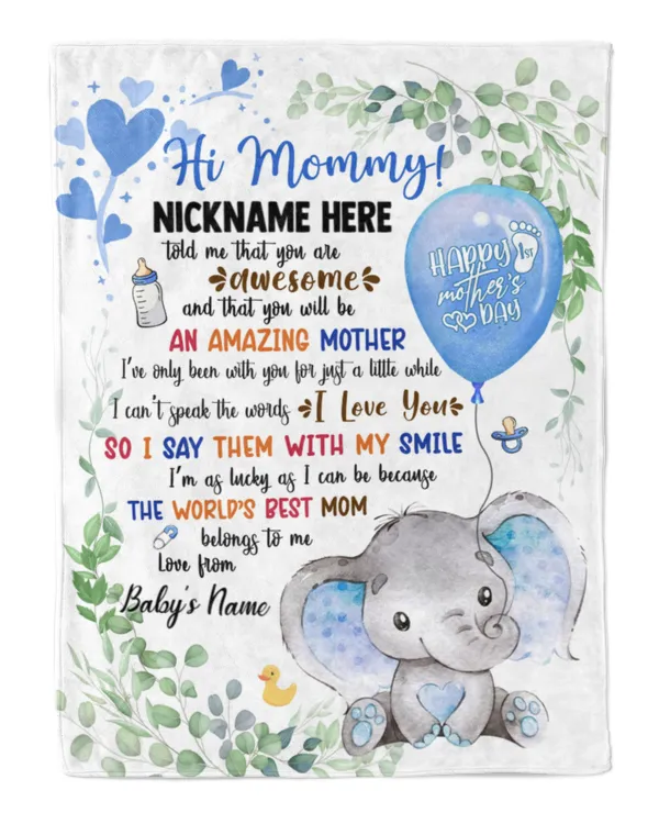 1st Mother's Day Gift, Gifts for New Mom, Personalized Hi MOMMY Cute Baby Girl Elephant ,  Gift  for Newmom,  Safari Baby Shower, Jungle Nursery Blanket