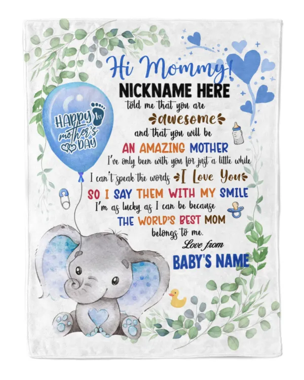 1st Mother's Day Gift, Gifts for New Mom, Personalized Hi MOMMY Cute Baby Girl Elephant ,  Gift  for Newmom,  Safari Baby Shower, Jungle Nursery Blanket