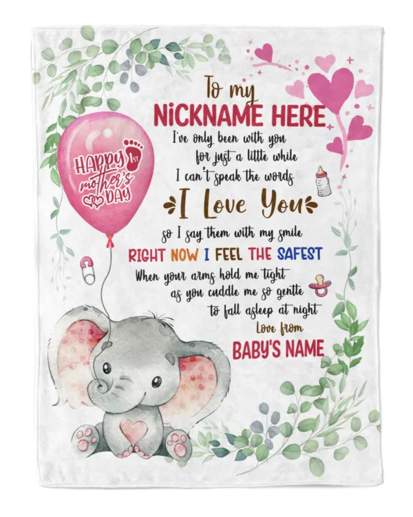 1st Mother's Day Gift, Gifts for New Mom, Personalized Hi MOMMY Cute Baby Girl Elephant ,  Gift  for Newmom,  Safari Baby Shower, Jungle Nursery Blanket
