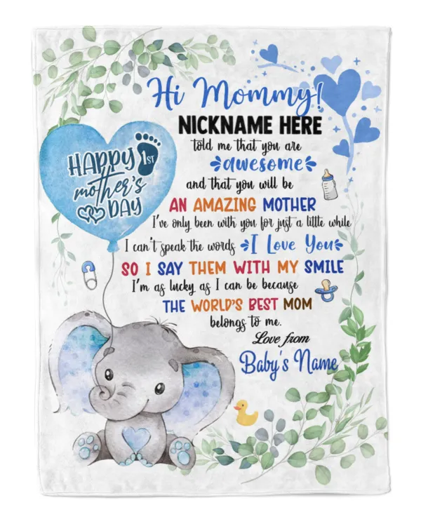 1st Mother's Day Gift, Gifts for New Mom, Personalized Hi MOMMY Cute Baby Girl Elephant ,  Gift  for Newmom,  Safari Baby Shower, Jungle Nursery Blanket