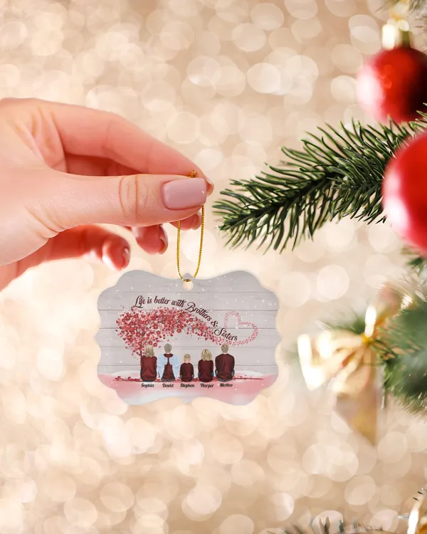 Life Is Better With Brothers & Sisters - Sitting Family - Red Tree - Personalized Aluminum Ornament, Gifts For Brother, Gifts Idea For Brother
