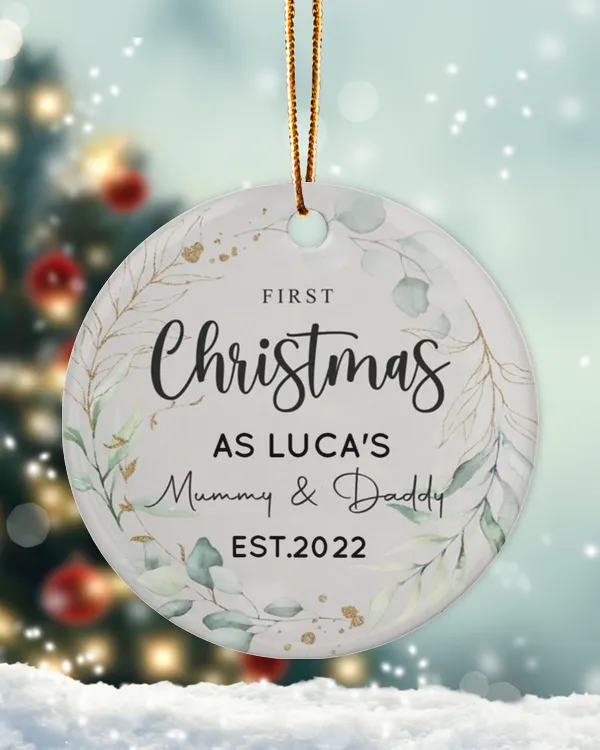 Personalized Custom New Mom Dad Mommy And Daddy First Christmas Ceramic Ornament