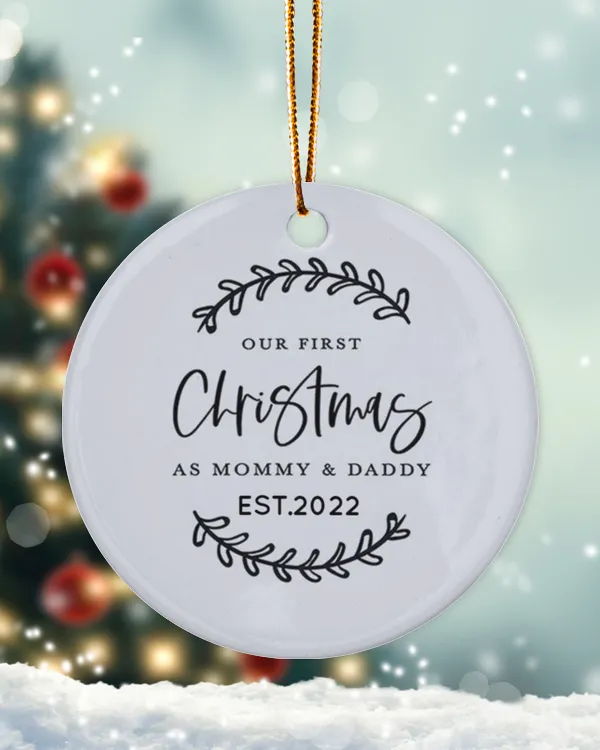 Personalized Custom New Mom Dad Mommy Daddy Our First Christmas Porcelain Ceramic Ornament