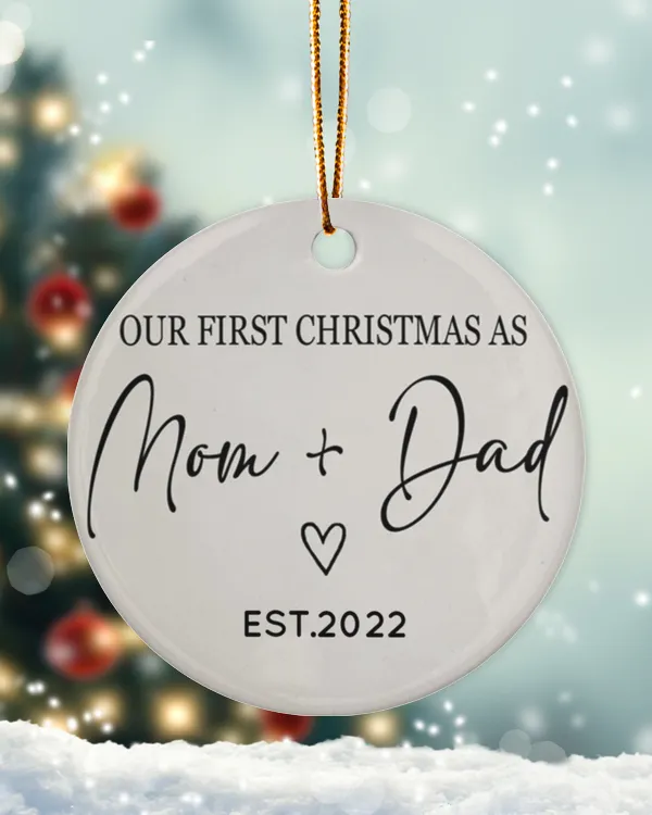 Personalized Custom New Mom Dad Our First Christmas Ceramic Ornament
