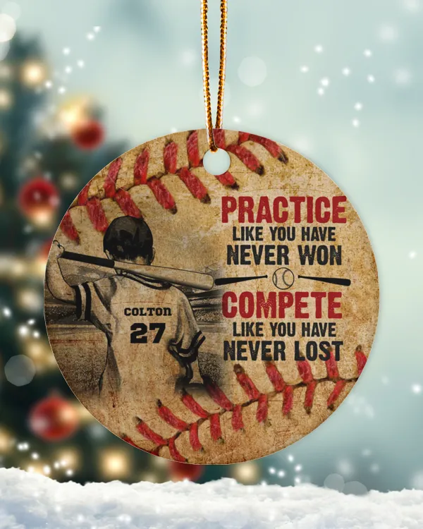 RD Personalized Baseball Boy Circle Ornament, Practice Like You Have Never Won, Christmas Ornament Gifts