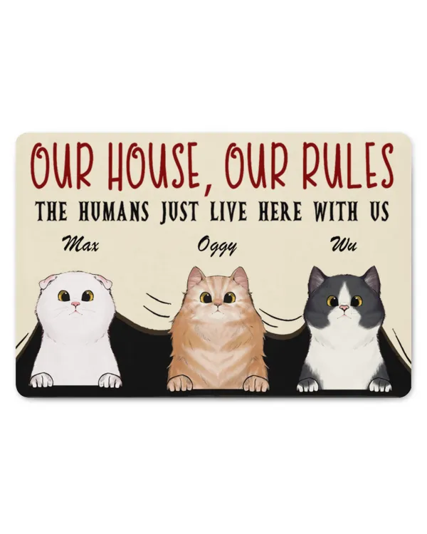 Our House Our Rules The Human Just Lives Here With Us - Personalized Doormat, Gifts For Cat Lovers, Gifts Idea For Cat Lovers