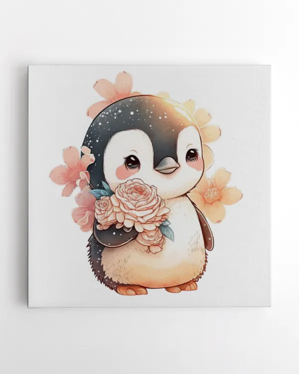 Watercolor Flower Baby Cute Penguin Canvas 08