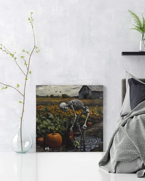 Skeleton watering plants on farm, halloween gift