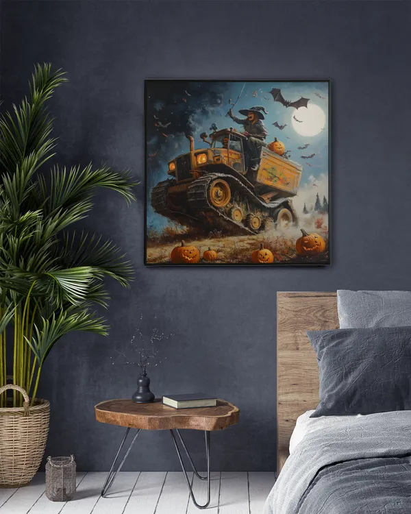 the Witches riding combine Harverter on a farm ,halloween art