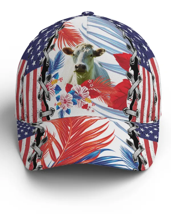 CAP07 Charolais Cattle With American Flag Tropical Plant Pattern Classic Cap Baseball Cap Hat Men Women Unisex Cap