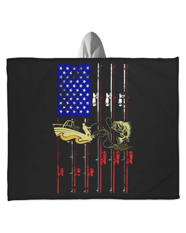 Personalized Vintage Fishing US Flag - Hooded Sherpa Fleece Blanket Hooded Sherpa Fleece Blanket