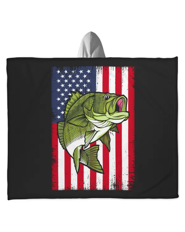 Bass Fishing US Vintage Flag - Hooded Sherpa Fleece Blanket Hooded Sherpa Fleece Blanket