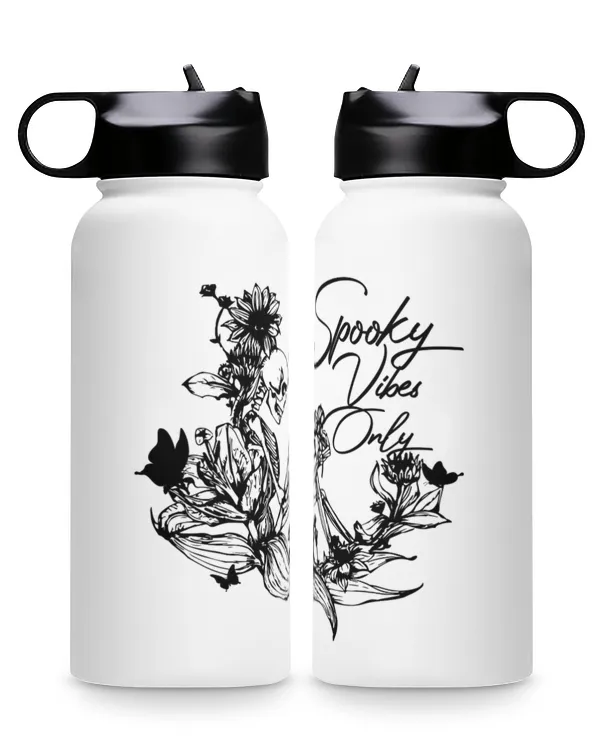 Spooky Vibes Only Premium Water Bottle, flower skeleton black butterfly
