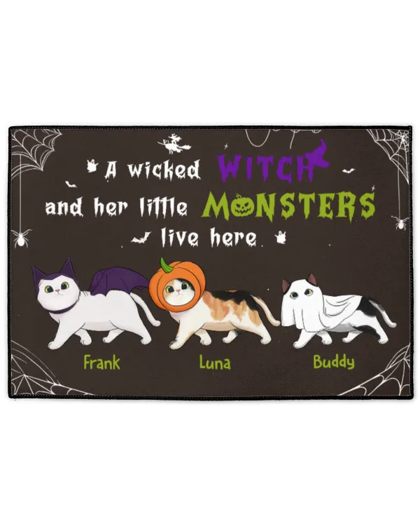 Halloween For Cats - A Wicked Witch And Her Little Monsters Live Here - Personalized Decorative Mat, Gifts For Halloween, Gifts Idea For Halloween