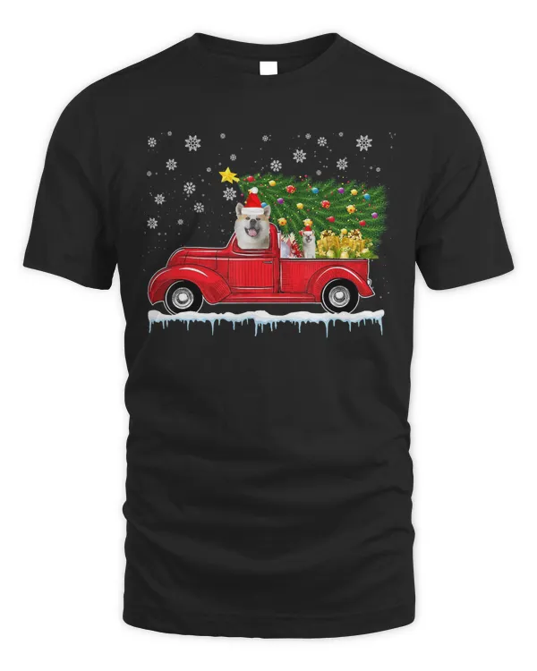 Akita Red Car Truck Christmas Tree Funny Santa Xmas Dog T-Shirt