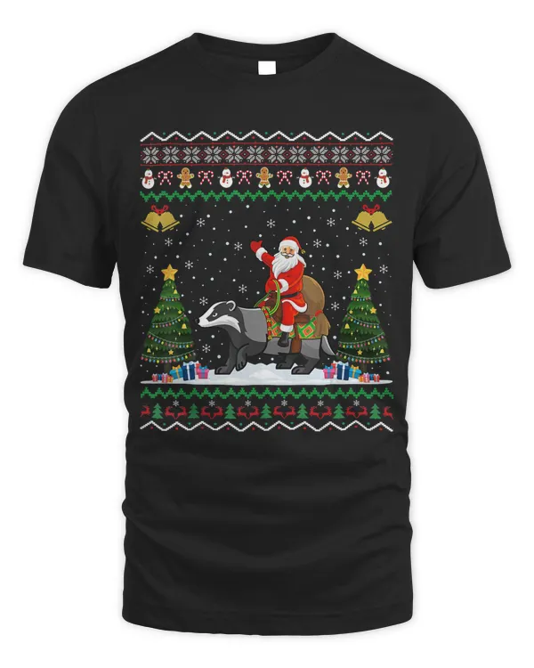 Badger Ugly Xmas Gift Santa Riding Badger Christmas T-Shirt