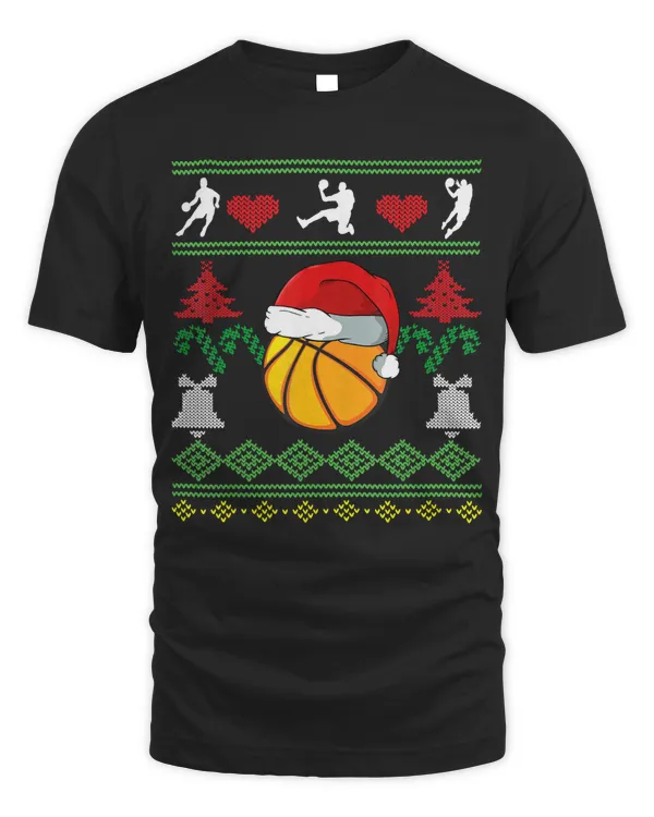 Basketball Santa Hat Ugly Christmas Gift Xmas Boys Men T-Shirt