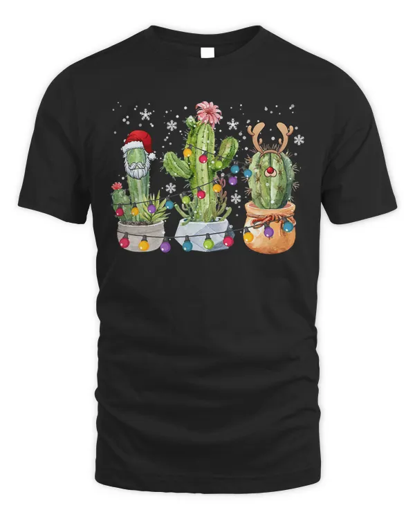 Cactus Christmas Light Cute Cactus Santa Hat Plant Lover T-Shirt