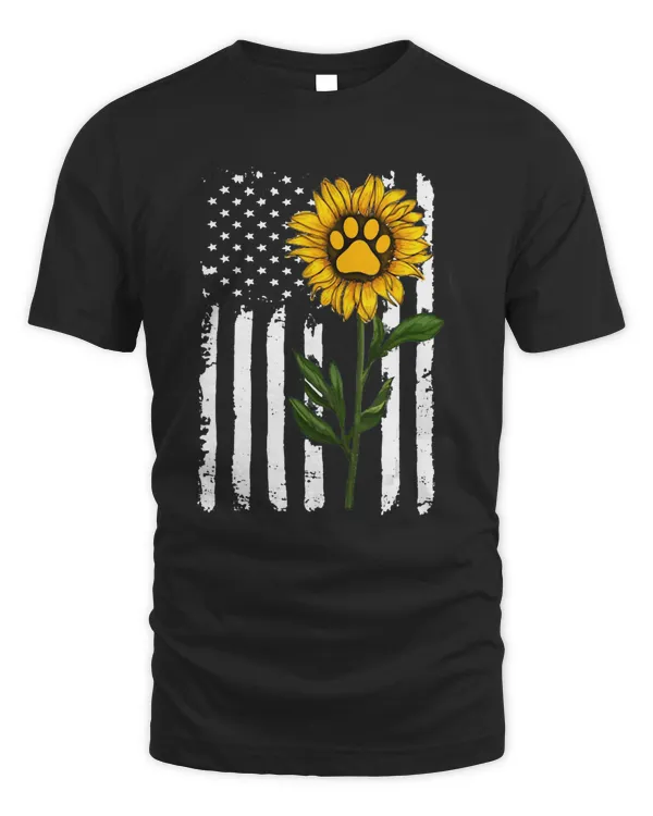 American Flag Sunflower Dog Paw Patriotic American Best Gift T-Shirt