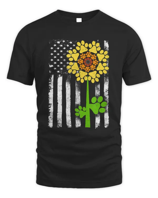 American Flag Sunflower Dog Paw Prints Hippie Vintage Gift T-Shirt
