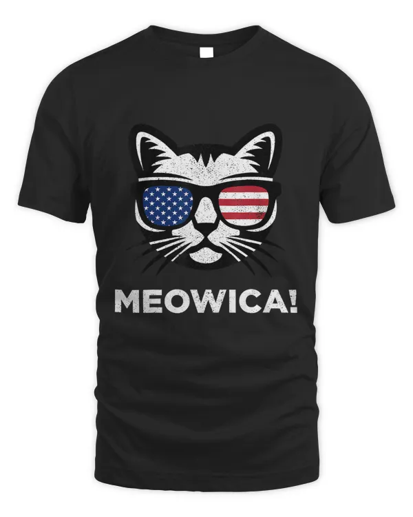 4th of July Meowica Cat American Flag Glasses Kids Men Women T-Shirt