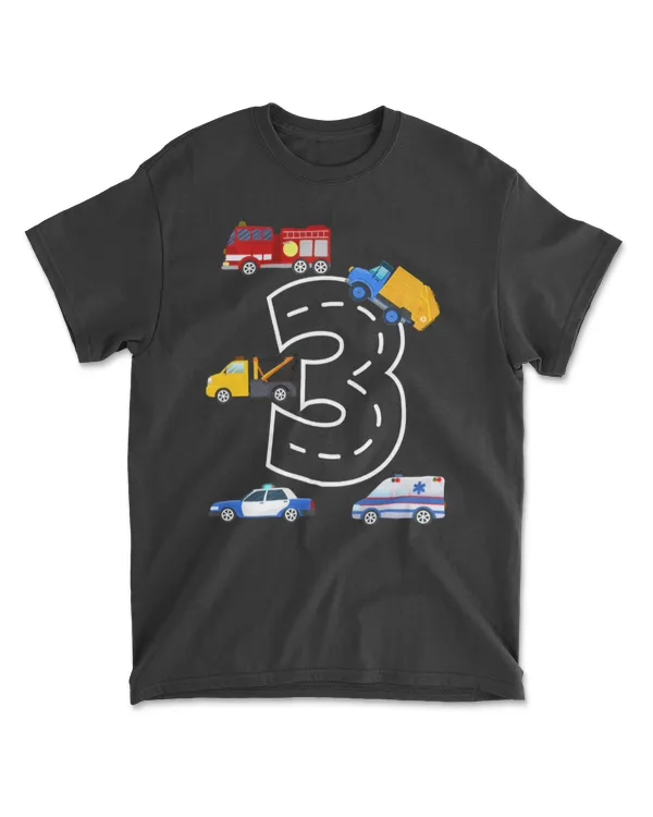 3rd Birthday Boys Fire Truck Police Car T-Shirt 3 Year Old
