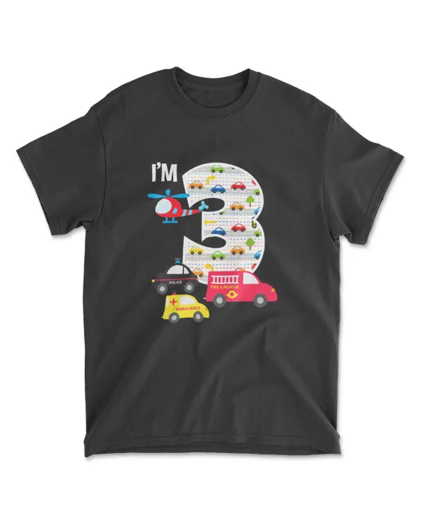 3rd Birthday Fire Truck Police Car 3 Year Old Boys T-Shirt