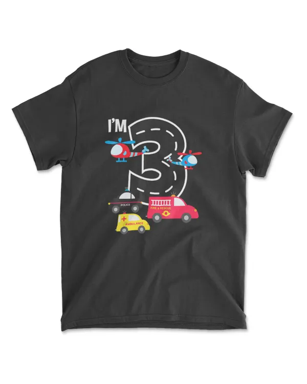 3rd Birthday Fire Truck Police Car Ambulance 3 Year Toddler T-Shirt