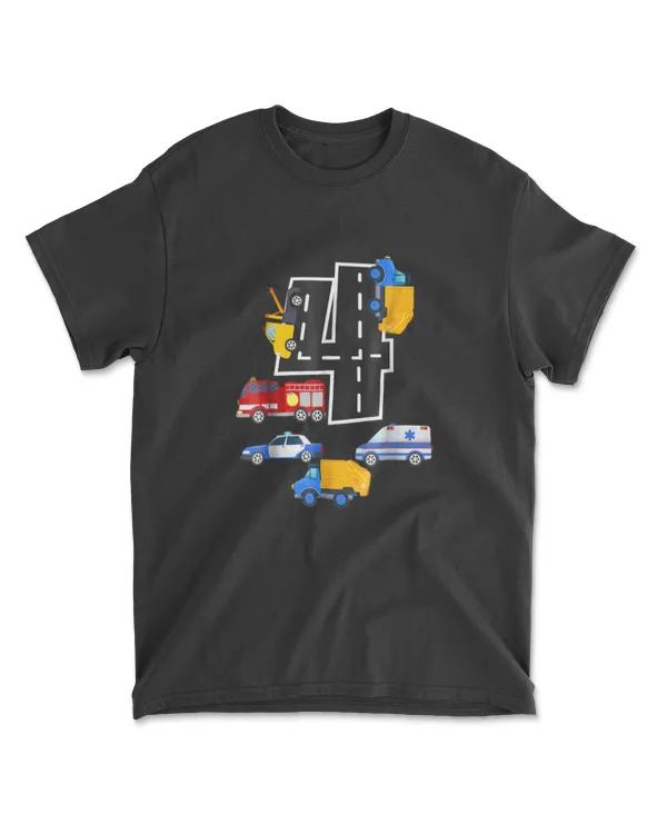 4th Birthday Boys Fire Truck Police Car T-Shirt 4 Year Old