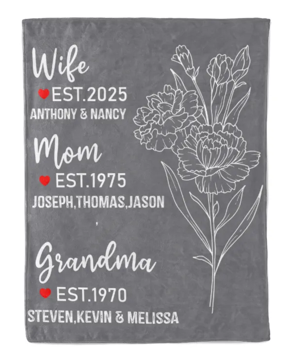 Wife Mom Grandma Birthflower Gifts For Women - Personalized Blanket, Gift For Wife, Gift Idea For Wife